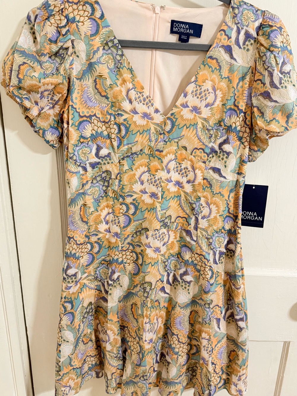 Donna Morgan Floral V-Neck Dress in Yellow, Green & Purple